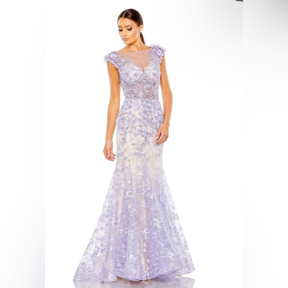 🆕Mac Duggal  STYLE# 79357 Sheer Neckline EMBELLISHED CAP Slv, Lilac, Sz 10